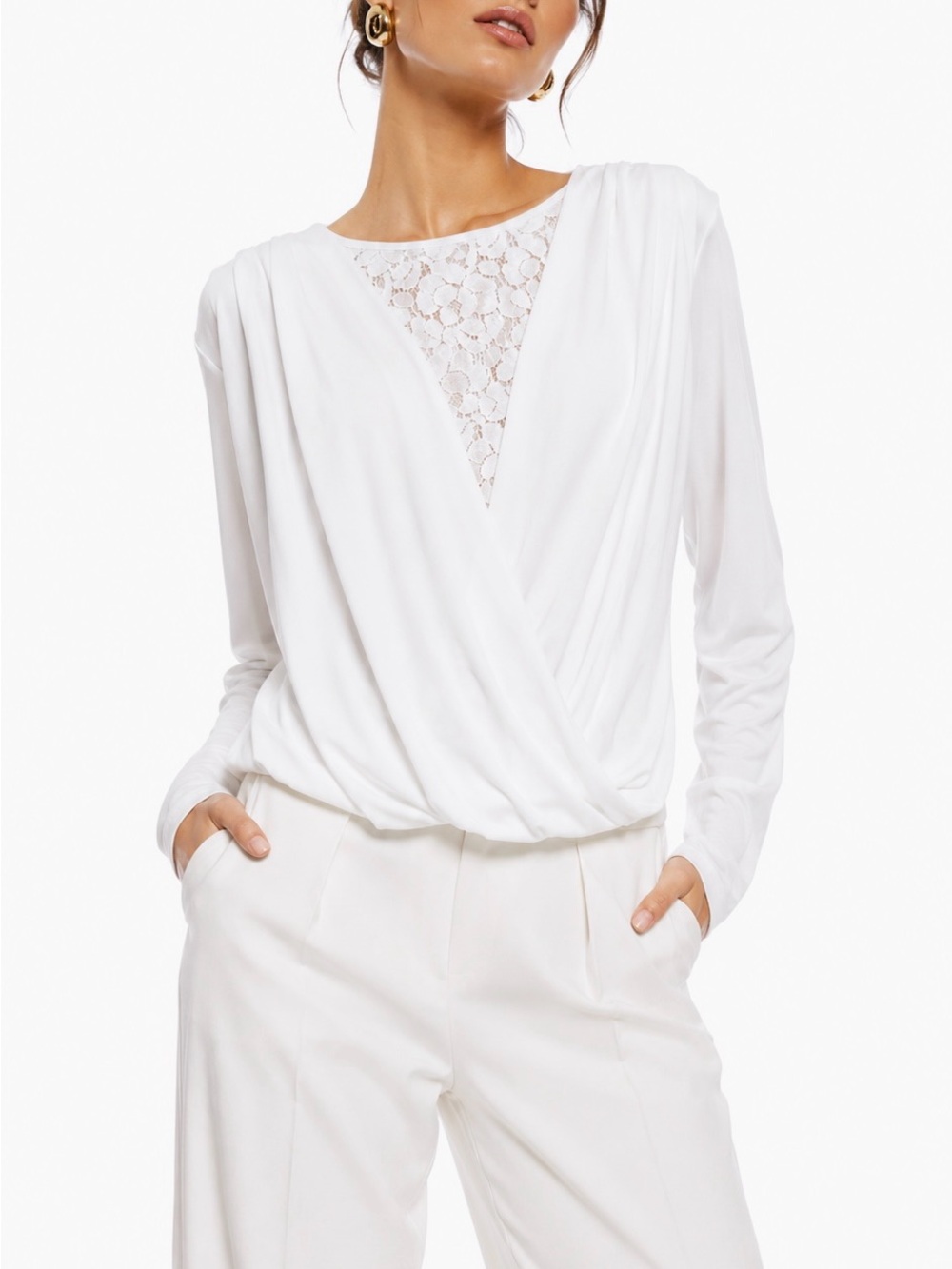 CALVIN KLEIN White Lace-Trim Scoop Neck Bubble Top Draped Blouse